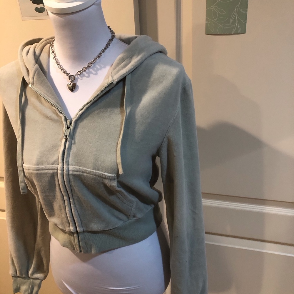 Brandy Melville Women's Sage Green Velour Zip-Up Hoodie - Picture 2 of 5